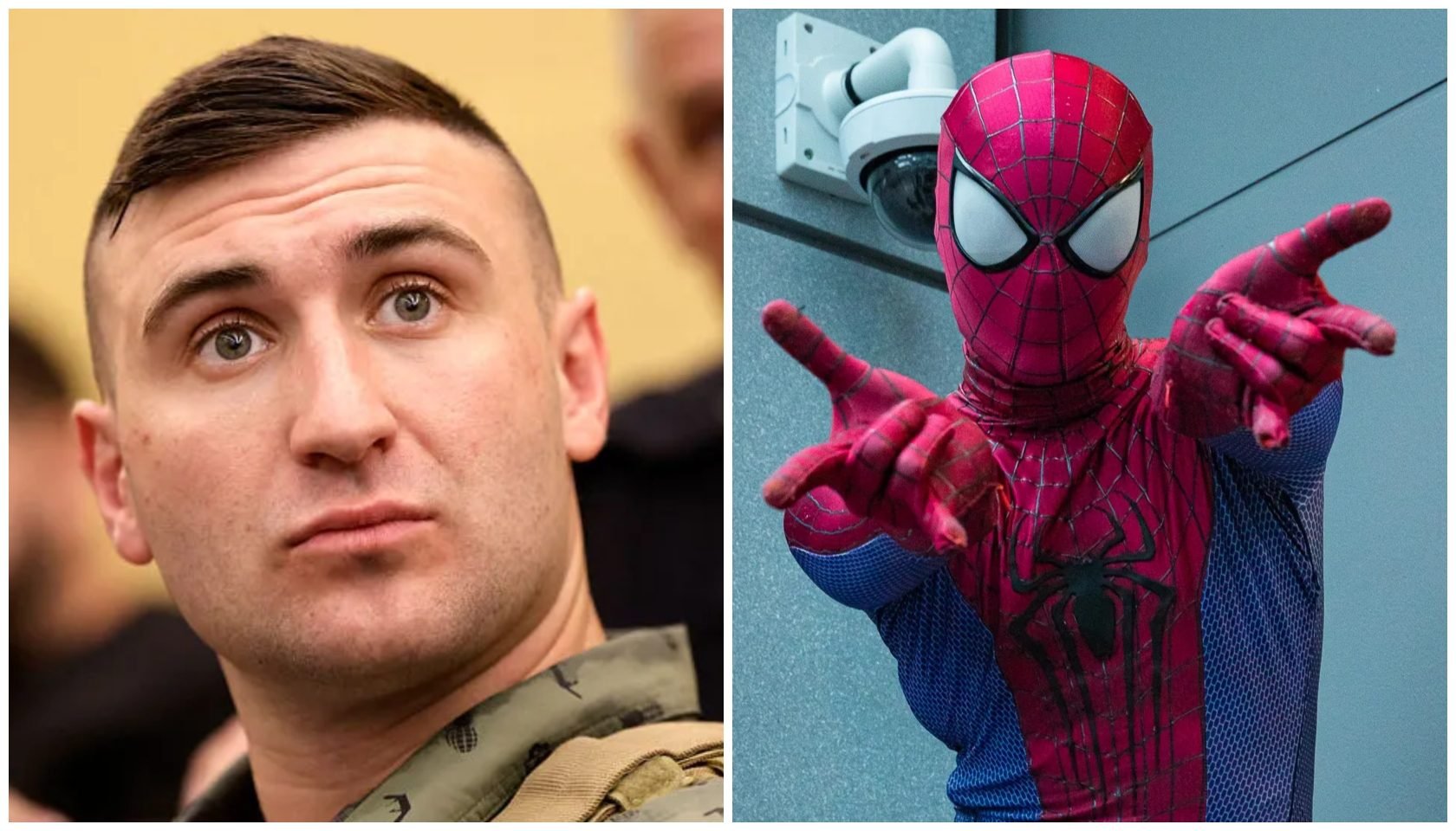 A serious-looking man in military uniform, and Spider-Man in his iconic red and blue costume pointing at the camera.