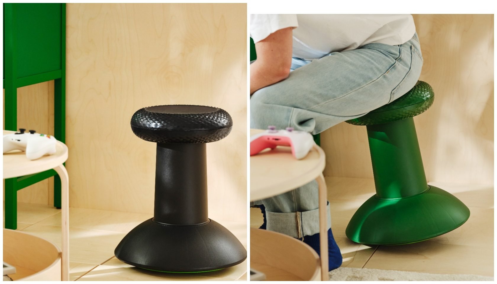Two images showing ergonomic stools - one with a black padded seat, the other with a green base and seat.