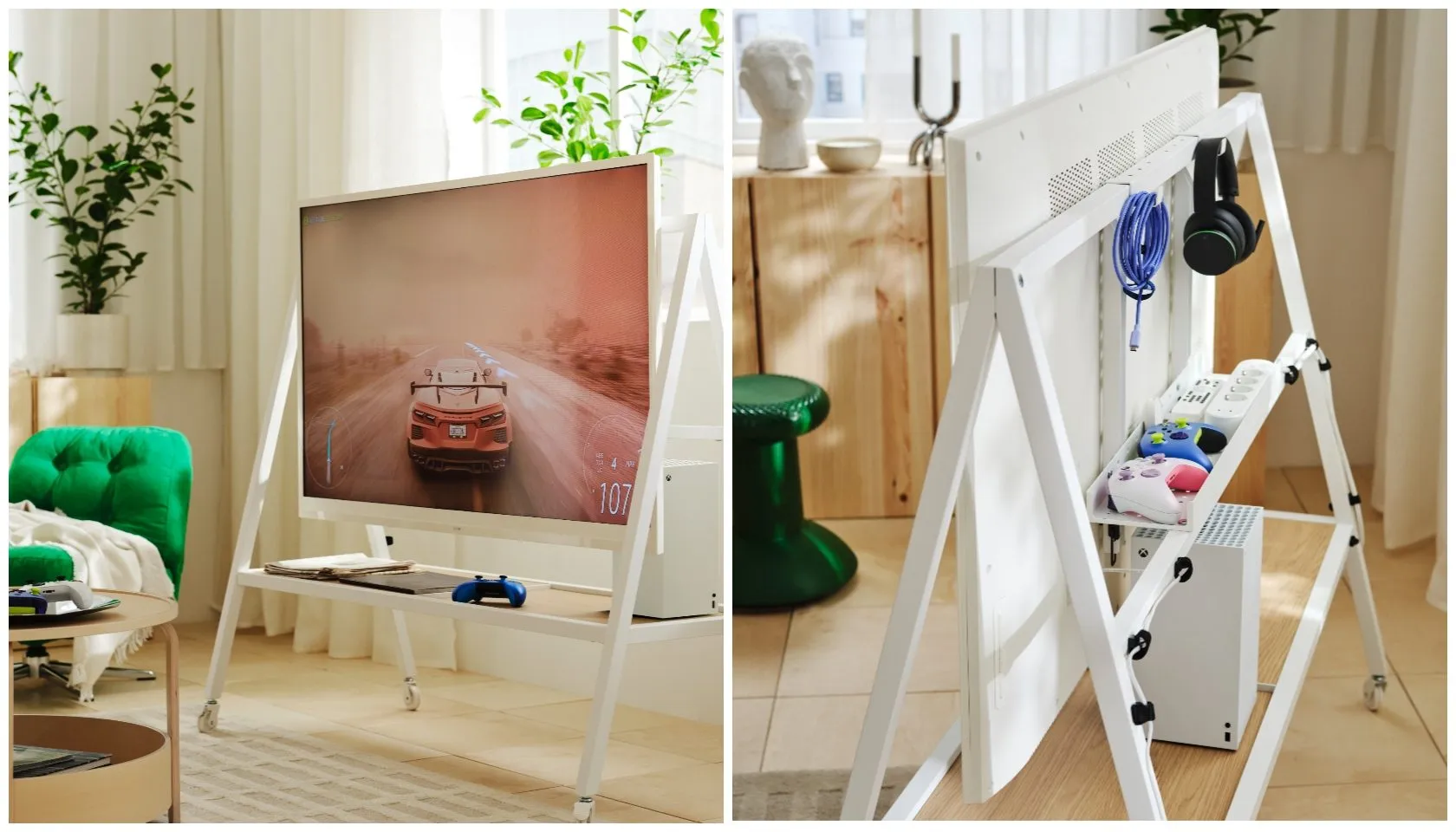 A white display stand with a framed photograph of a speeding red car, and a white display stand with various electronic accessories and devices.