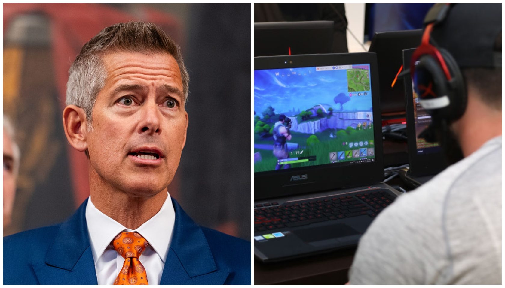 A man in a suit with a concerned expression, and a laptop screen displaying a video game scene with a cartoon character.