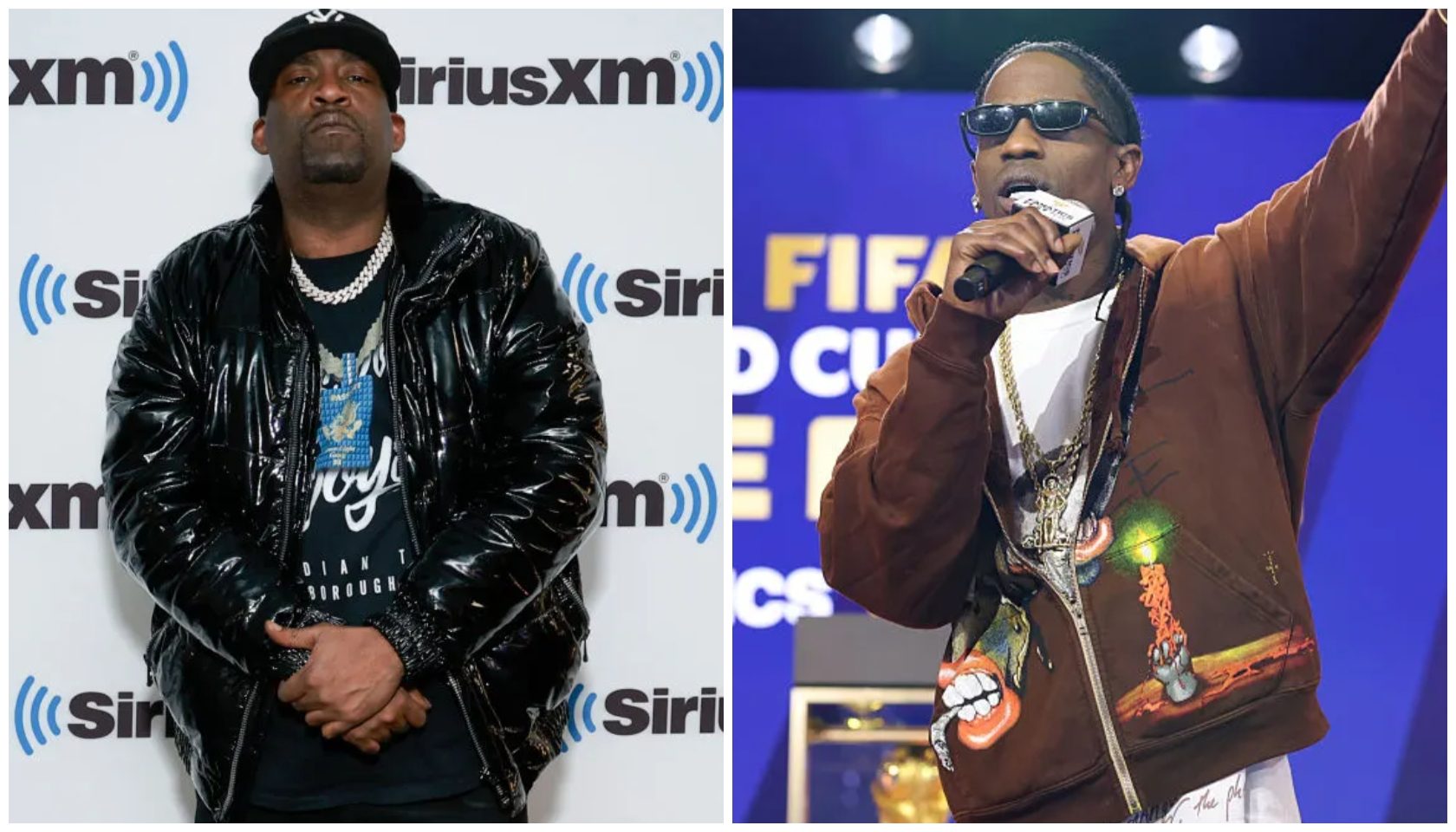 Two men, one wearing a black leather jacket and the other wearing sunglasses, standing in front of Sirius XM and FIFA World Cup branding.