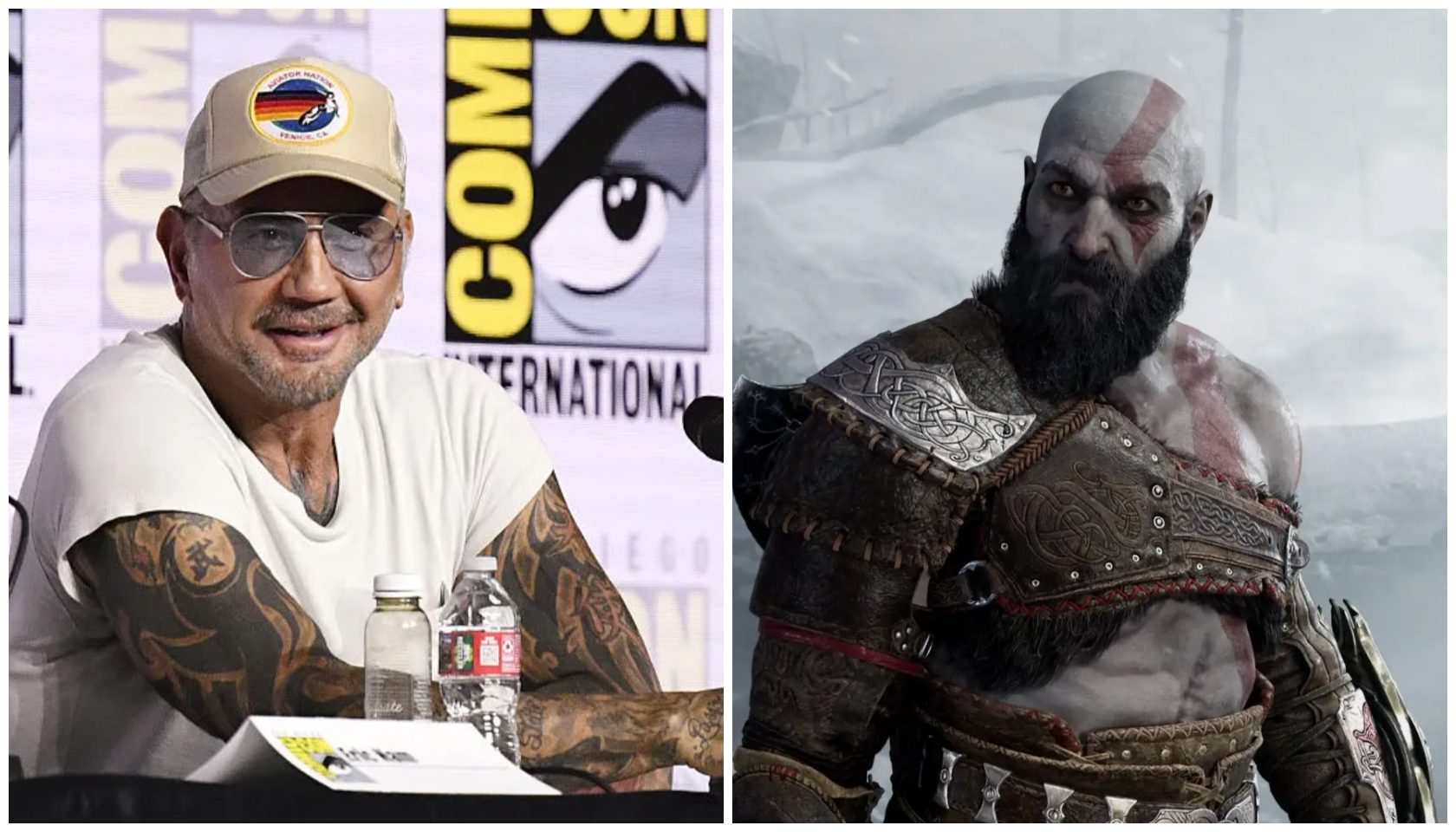 A man with tattoos and sunglasses sitting at a table, and a bearded man in armor from the video game God of War.