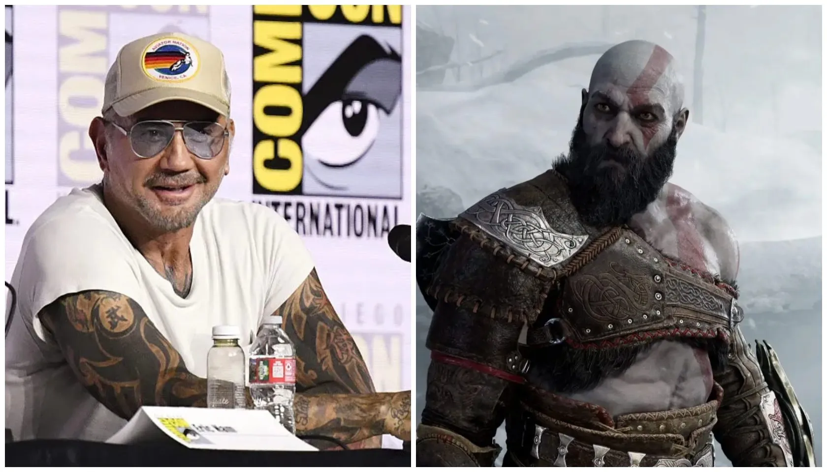 A man with tattoos and sunglasses sitting at a table, and a bearded man in armor from the video game God of War.