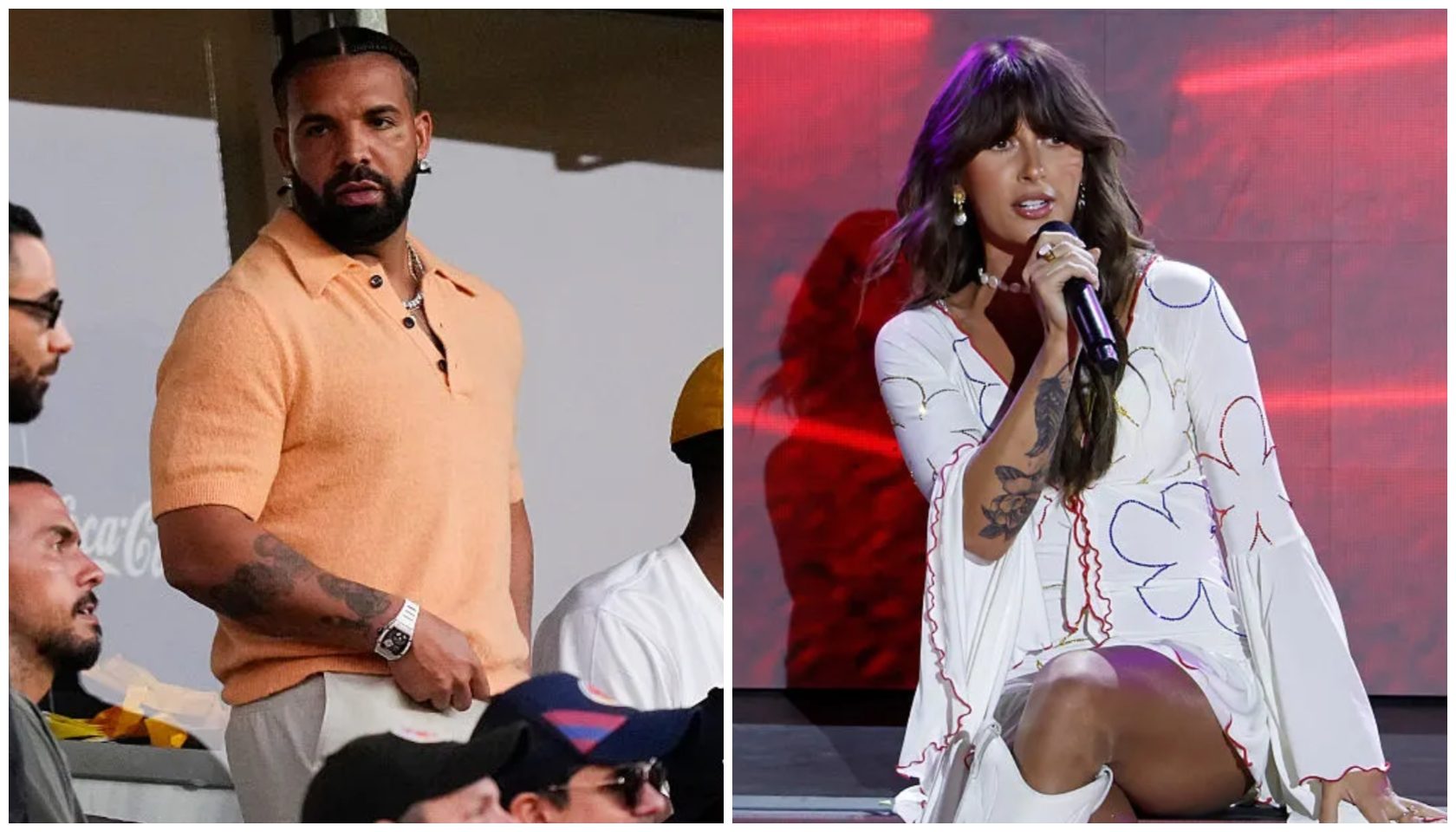 A man with a beard wearing a peach-colored shirt stands in a room. A woman with long dark hair wearing a white dress with floral patterns sings into a microphone on stage.