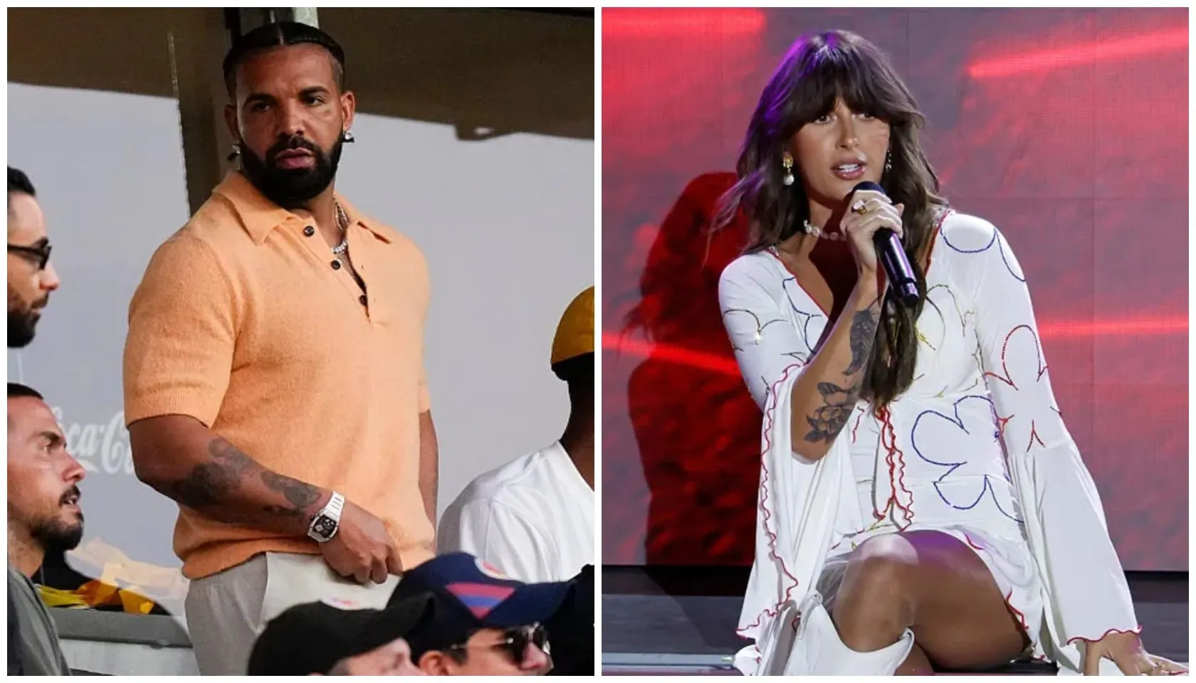 A man with a beard wearing a peach-colored shirt stands in a room. A woman with long dark hair wearing a white dress with floral patterns sings into a microphone on stage.