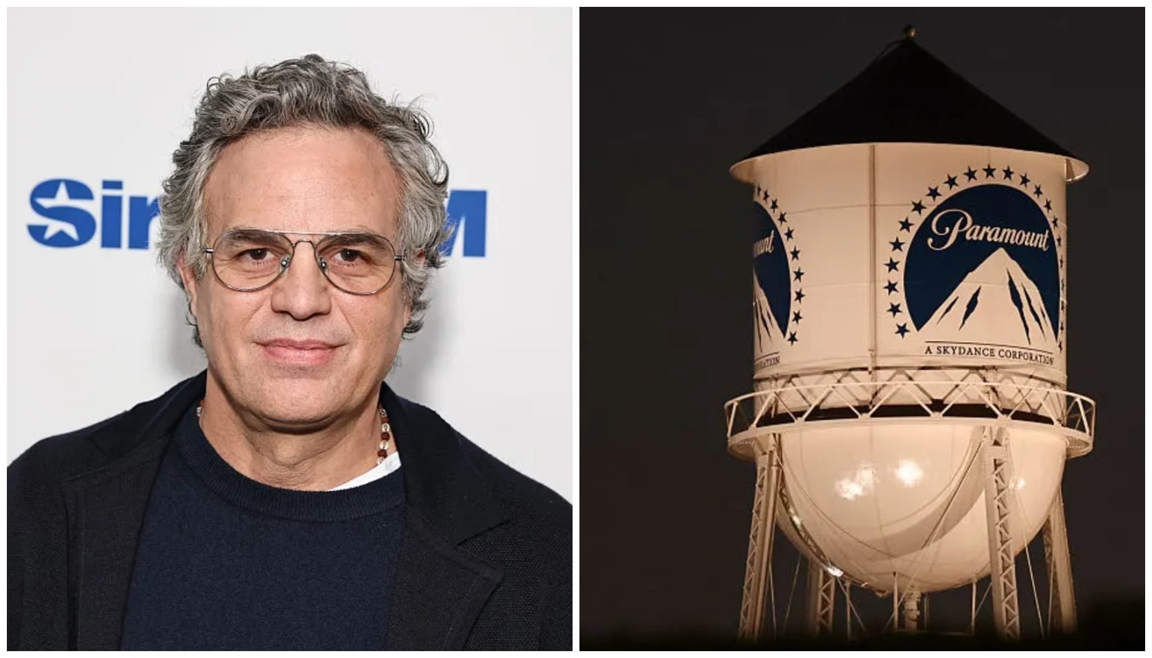 A portrait of a man with gray hair and glasses, wearing a black jacket, standing in front of a Paramount logo on a large illuminated sign.