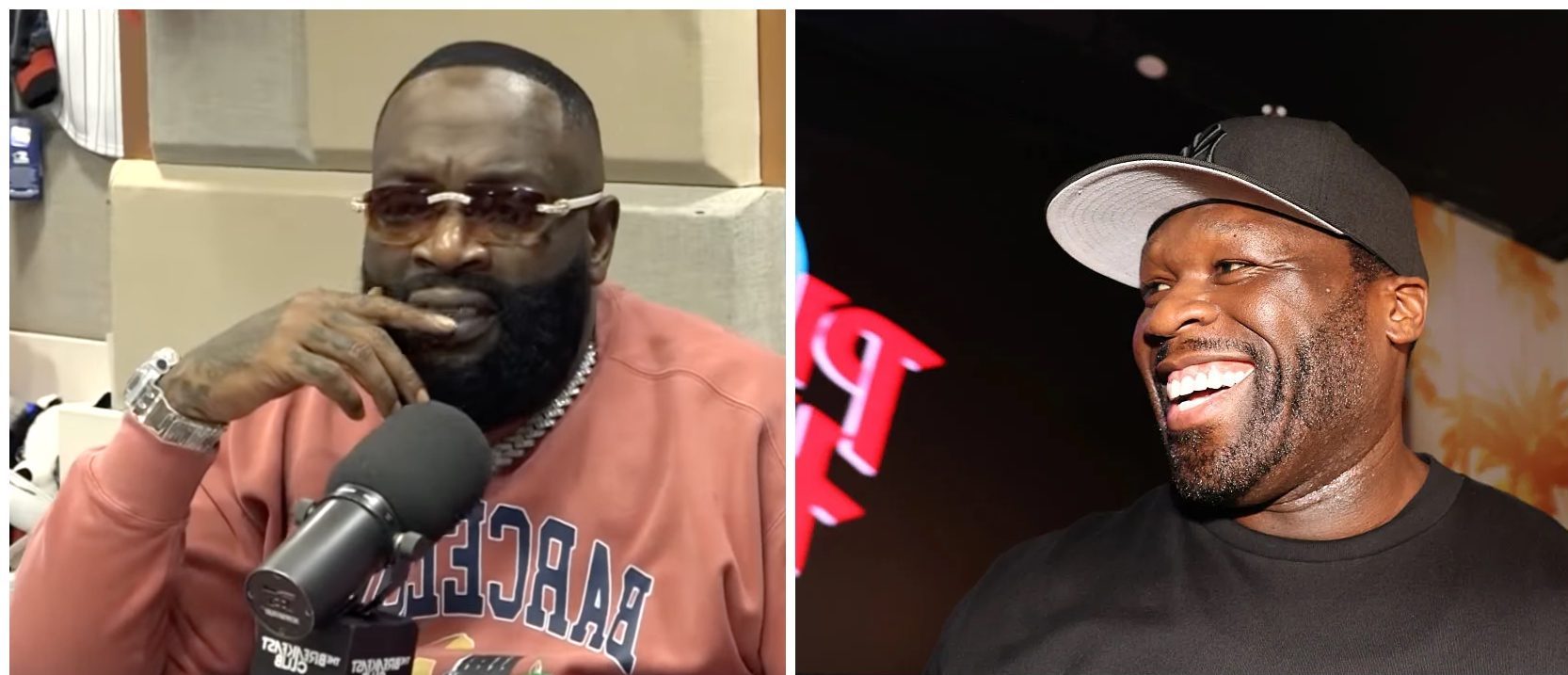 Two images: a man with a beard wearing a pink sweatshirt speaking into a microphone, and a smiling man wearing a baseball cap.