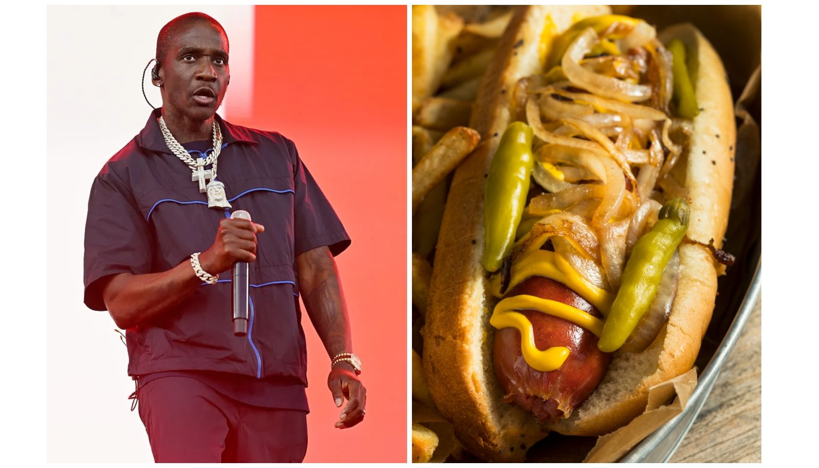A man wearing a red outfit and jewelry performs on stage, next to a close-up image of a hot dog with condiments.